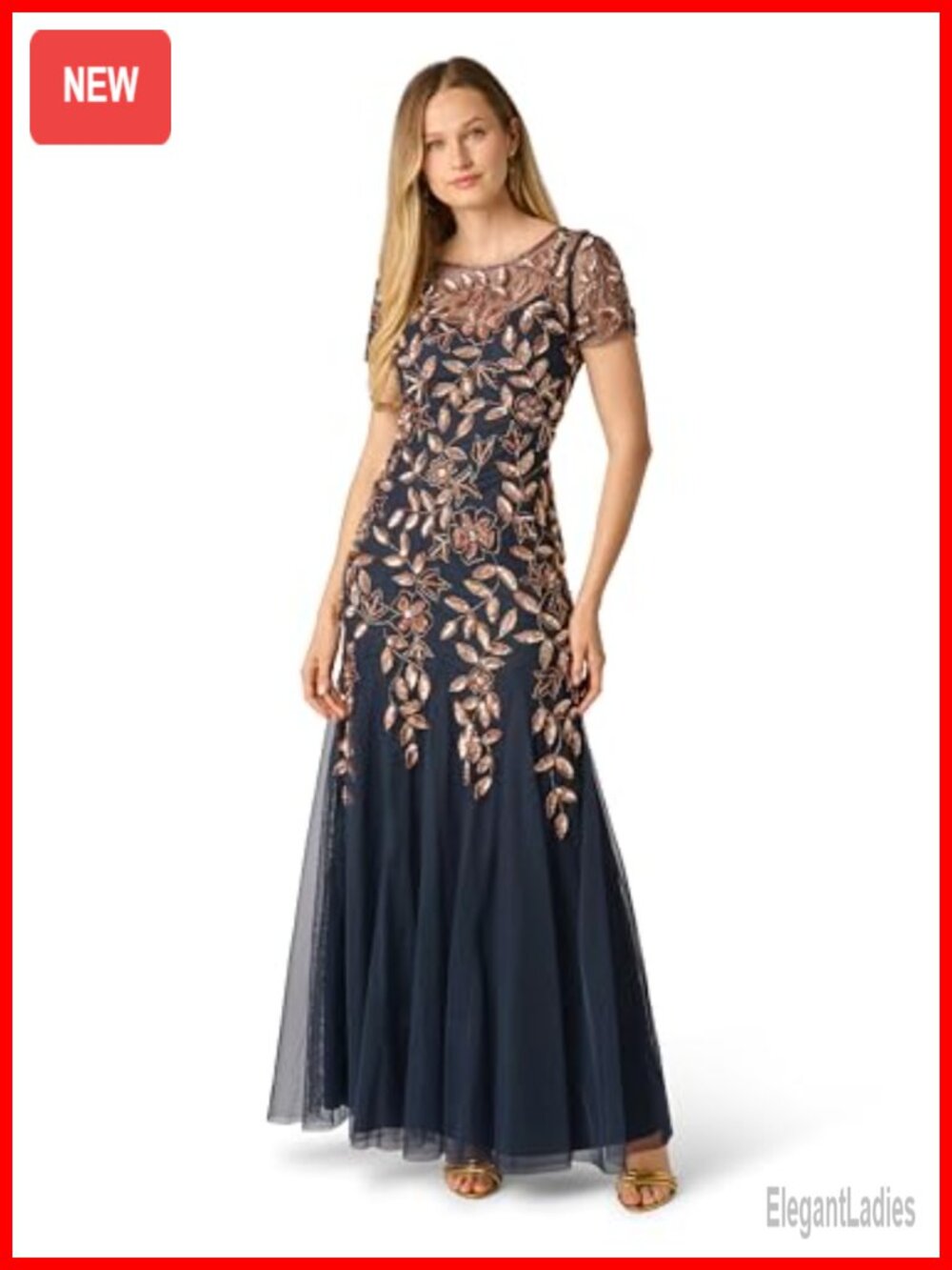 Beaded Floral Mermaid Gown with Godets Cap Sleeves Formal Evening